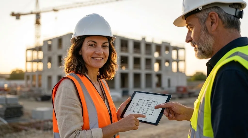 Sur un chantier de logements, une commerciale en gilet de sécurité montre un plan sur une tablette à un chef de chantier.
