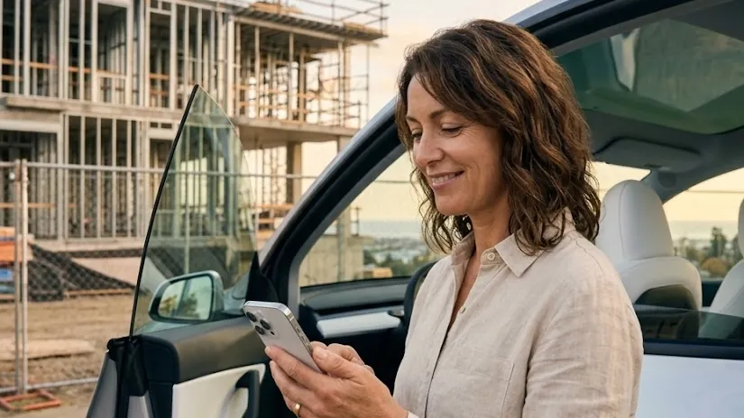 Entre deux rendez-vous, une commerciale consulte son téléphone près de sa voiture, un chantier et une grue en arrière-plan.