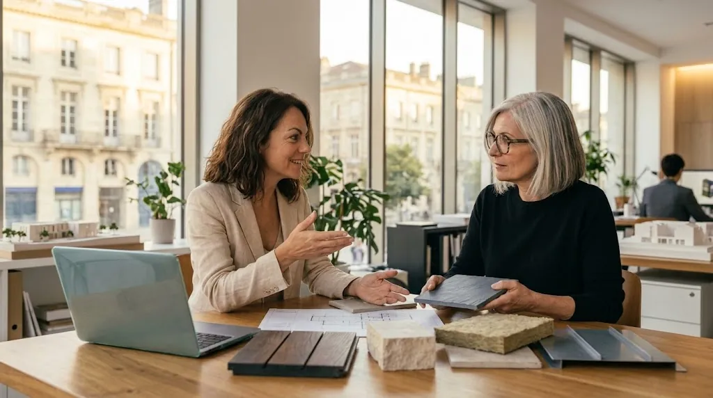 Dans une agence d'architecture, une commerciale présente des échantillons de matériaux à une architecte, autour d'une table couverte de plans.